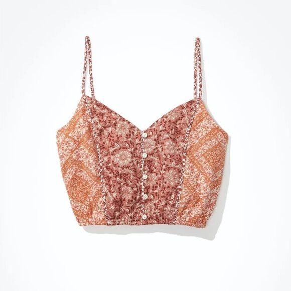 American Eagle Multi-Print Floral Linen Blend Cropped Cami Tank Top - Picture 1 of 9